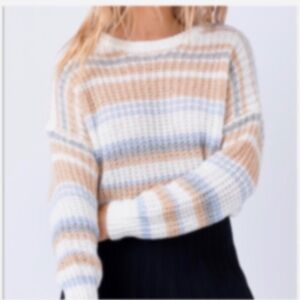 Princess Polly Sabina, cropped sweater, gray peach cream, and blue stripes